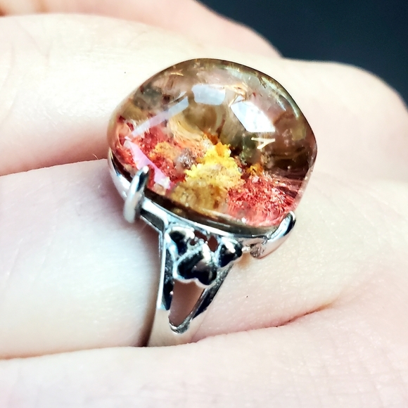 New Red Yellow Phantom Quartz Lodolite Adjustable 925 Silver Ring. - Picture 9 of 16
